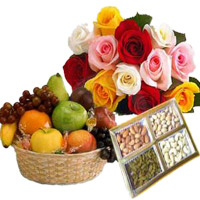 Gifts Delivery in Ahmednagar encircled with 12 Mix Roses Bunch with 1 Kg Fresh Fruits Basket and 500 gm Mix Dry Fruits in Vashi