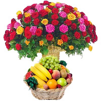 Order Good Gifts for Friends 50 Mix Roses Basket with 2 Kg Fresh Fruits Basket to Mumbai