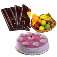 Send Presents for Friends, 5 Cadbury Bournville Chocolates with 1 Kg Fresh Fruits Basket and 500 gm Strawberry Cake