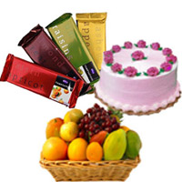 Deliver Gifts for Friends, 4 Cadbury Temptation Bars with 500 gm Strawberry Cake and 1 Kg Fresh Fruits Basket