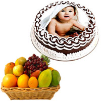 Online Gift Delivery in Mumbai. 1 Kg Chocolate Photo Cake with 2 Kg Fresh Fruits Basket