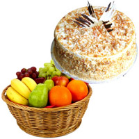 Order Anniversary Gifts to Mumbai be Composed of 1 Kg Fresh Fruits Online Mumbai in Basket with 500 gm Butter Scotch Cakes