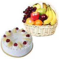 Deliver Anniversary Gifts to Nanded with 1 Kg Fresh Fruits Basket and 500 gm Pineapple Cakes to Mumbai Online