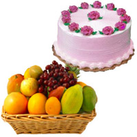 Order Presents for Friends, 1 Kg Fresh Fruits Basket with 500 gm Strawberry Cake to Mumbai for Friendship Day