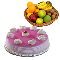 Order for Bhaidooj Gifts and 1 Kg Fresh Fruits Basket with 1 Kg Strawberry Cakes in Mumbai