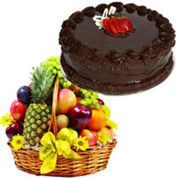 Send Friendship Day Gifts Online 3 Kg Fresh Fruit Basket with 1 Kg Chocolate Cake to Mumbai