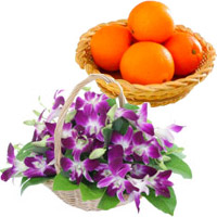 Order Special friend Gifts that include Purple Orchids Basket 15 Flower Stems with 12 pcs Fresh Orange in Mumbai