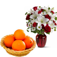 Send Online Gifts for Your Best Friend, 2 White Lily 6 White Gerbera and 6 Red Roses Vase with 12 pcs Fresh Orange Basket
