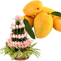 Send Friendship Day Gift of Pink Flowers Basket 50 Flowers in Mumbai with 12 pcs Fresh Mango Fruit