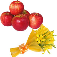 Send Online Diwali Gifts to Mumbai including of Yellow Lily Bouquet 3 Flower Stems with 1 Kg Fresh Apple