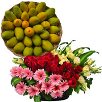Send Friendship Gifts Online, 20 Red and Yellow Roses with 10 Pink Gerbera and 2 Kg Fresh Mango