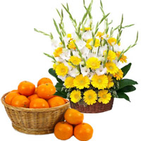 Order Yellow Gerbera White Glad Basket 30 Flowers with 18 pcs Orange Basket in Mumbai, Friendship Gifts for Her