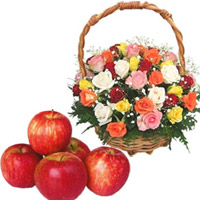 Online Friendship Day Gift to Mumbai of Mixed Roses Basket 45 Flowers with 1 Kg Fresh Apple