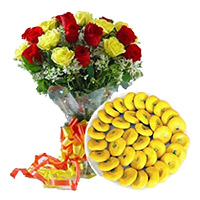Send Online 1 kg Mava Peda with 12 Mix Roses Bouquet Cheap Flowers Mumbai