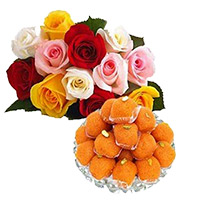 Send Friendship Day Gifts Online 1 kg MotiChoor Laddoo with 12 Mix Roses Bouquet to Mumbai