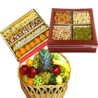 Send Gifts, Basket of 3 Kg Fresh Fruits with 0.5 kg Mixed Dryfruits Gifts and 1 kg Assorted Durga Puja Sweets to Mumbai