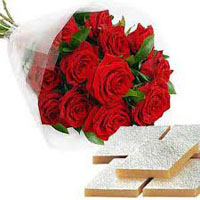 Send Friendship Day Gifts, 12 Red Roses and 250 gm Kaju Burfi and gifts in Mumbai