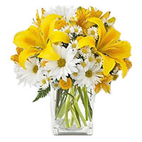 Flowers in Mumbai for New Year. 3 Yellow Lily 9 White Gerbera in Vase