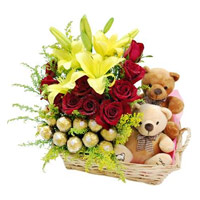 Send 2 Lily 12 Roses 16 Ferrero Rocher Twin Small Teddy Basket to Mumbai