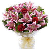 Send 4 Pink Lily 9 Red Roses Flower Bouquet to Mumbai on Friendship Day