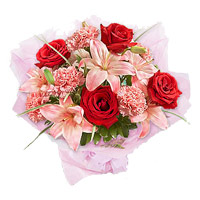 Send Online Flowers for Friends of 3 Pink Lily 6 Red Rose 6 Pink Carnation Bouquet for Friendship Day