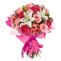 Friendship Day Flowers Delivery in Mumbai.3 Lily 6 Rose 6 Carnation 6 Gerbera Bouquet