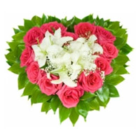 Send Rakhi with 5 White Lily 24 Pink Roses to Mumbai in Heart Shape