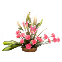 Send 2 Pink Lily 12 Pink Carnation Flower Basket to Mumbai on Friendship Day