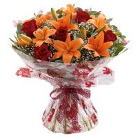 Send Friendship Day Flowers of 4 Orange Lily with 12 Red Roses Flower Bouquet