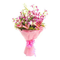 Deliver Diwali Flowers in Mumbai contain Pink Lily Purple Orchid Bouquet 12 Flowers