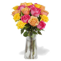 Buy Birthday Flowers in Mumbai Online to Deliver Pink, Peach, Yellow Roses Vase 12 Flowers