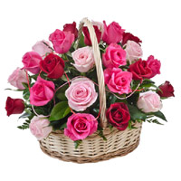 Send Christmas Flowers to Mumbai containing Red Pink Peach Roses Basket 24 Flowers to Mumbai