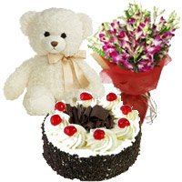 Send Bouquet of 10 Orchids with 6 inch Teddy and 1 kg Black Forest Cake in Mumbai