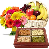 Diwali Gifts in Mumbai. Send 12 Mix Gerberas, 3 Kg Fresh Fruit Basket, 0.5 Kg Mixed Dry Fruits to Mumbai