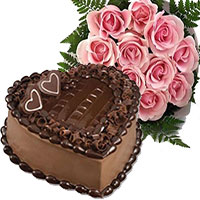 Send Bunch of 15 Pink Roses 1 Kg Heart Shape Chocolate Truffle Cake, Flowers for Friends to Mumbai