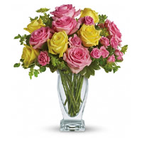 New Year Flowers in Mumbai consist of Pink Yellow Roses in Vase 20 Flowers in Mumbai
