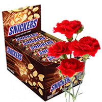 Deliver Chocolates and Gifts in Mumbai containing 6 Carnations and 32 pcs Snickers and Box of Chocolates in Mumbai