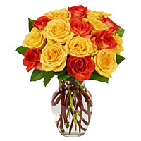 Deliver Flowers on this Birthday to Yellow Red Roses Vase 15 Flowers in Mumbai