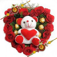 Online Flowers Delivery in Mumbai, 18 Red Roses 5 Ferrero Rocher Teddy Heart on Rakhi