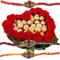 Deliver 24 Red Carnation Flowers with 24 Ferrero Rocher Chocolate and Rakhi Gifts to Mumbai in Heart Arrangement