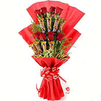Christmas Chocolates in Ahmednagar with Pink Roses 10 Flowers 16 Pcs Ferrero Rocher Bouquet in Mumbai