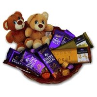 Send Diwali Gifts in Mumbai contains Twin Teddy Basket Chocolate to Panval