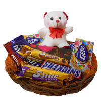 Diwali Gifts Delivery in Mumbai contain Basket of Exotic Chocolates and 6 Inch Teddy