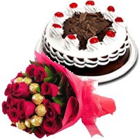 Send Good Gifts for Friends 16 pcs Ferrero Rocher 30 Red Roses Bouquet 1/2 Kg Black Forest Cake to Mumbai on Friendship Day