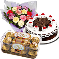Diwali Gifts in Mumbai sending 12 Mix Carnation with 1/2 Kg Black Forest Cake in Vashi and 16 Pcs Ferrero Rocher Chocolates in Mumbai