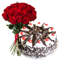 Online Friendship Day Cakes to Mumbai, Gifts of 24 Red Roses and 1 Kg Black Forest Cake from 5 Star Bakery