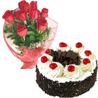 Bhaidooj Flower to Mumbai to Send 1 Kg Black Forest Cake 12 Red Roses Bouquet