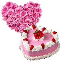 24 Pink Roses Heart 1 Kg Strawberry Heart Cake in Mumbai. Online Christmas Flowers in Mumbai.