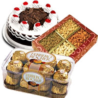 Place Order for 1/2 Kg Black Forest Cake, 1/2 Kg Dry Fruits and 16 pcs Ferrero Rochers Mumbai : Online Bhaidooj Gifts to Mumbai