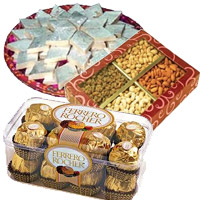Online Diwali Gifts to Mumbai of 1 Kg Dry Fruits with 1/2 Kg Kaju Katli and 16 Pcs Ferrero Rocher, Gifts to Mumbai